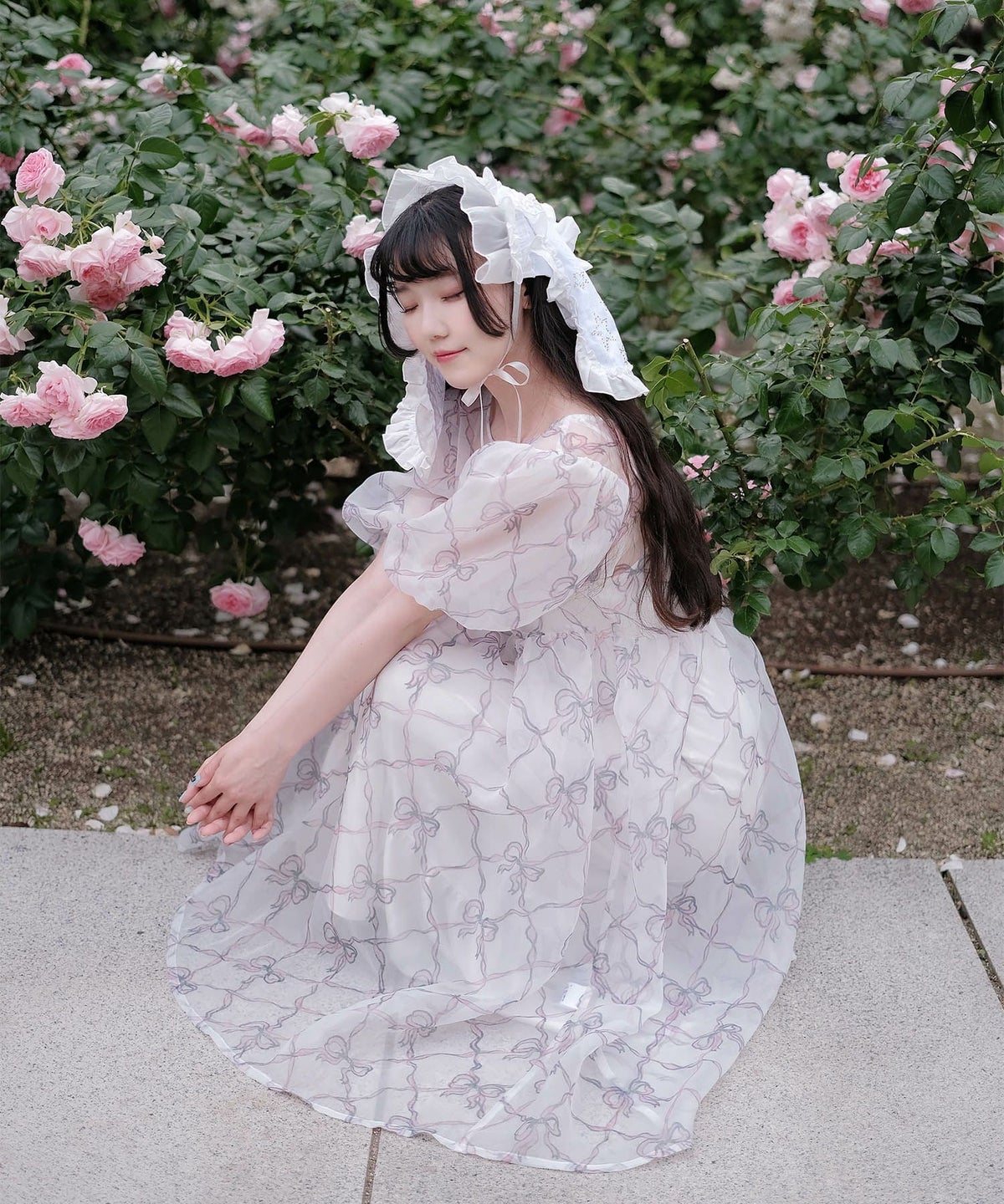 ワンピース ロングワンピース リボン モノクロリボン/ピンクリボン/M