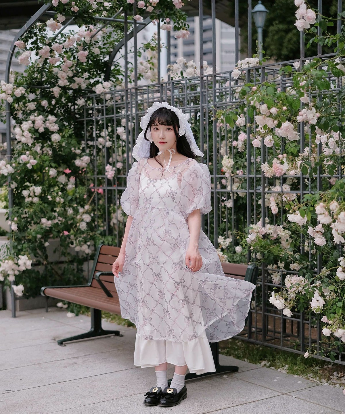 ワンピース ロングワンピース リボン モノクロリボン/ピンクリボン/M