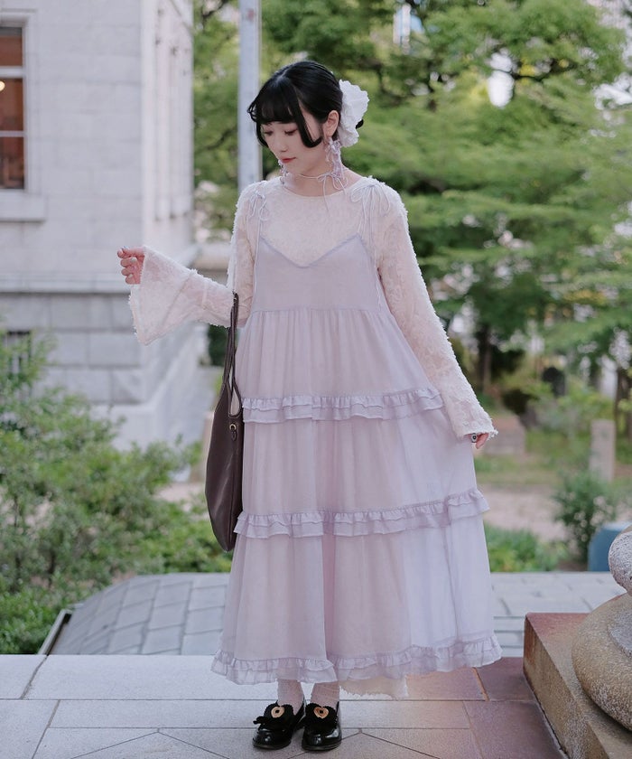 キャミワンピース ロングワンピース リボン ラベンダー/ライトグリーン/M