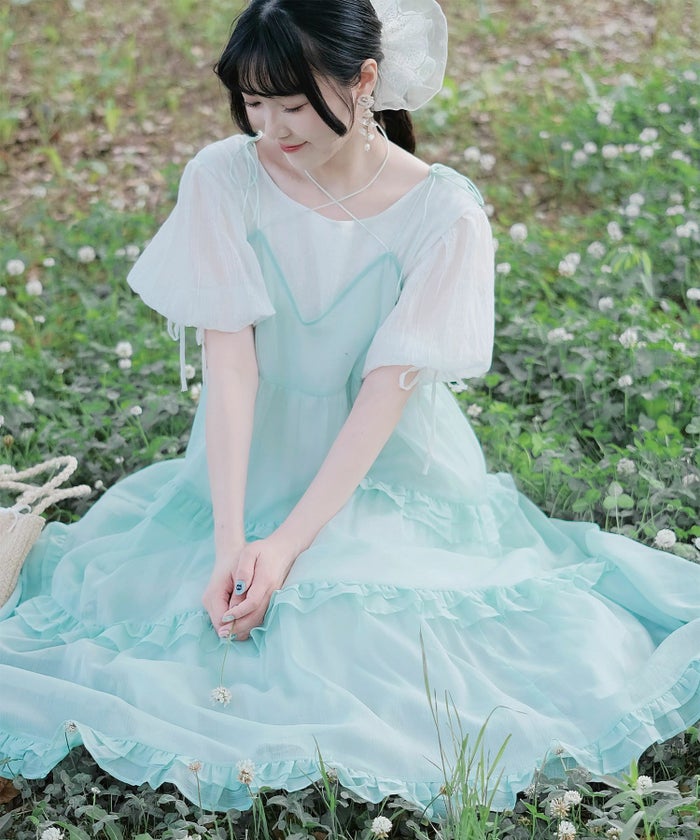 キャミワンピース ロングワンピース リボン ラベンダー/ライトグリーン/M