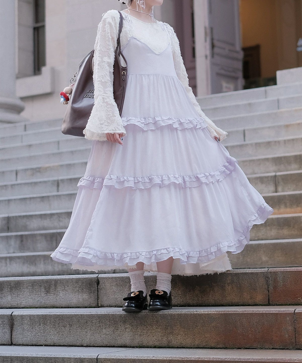 キャミワンピース ロングワンピース リボン ラベンダー/ライトグリーン/M