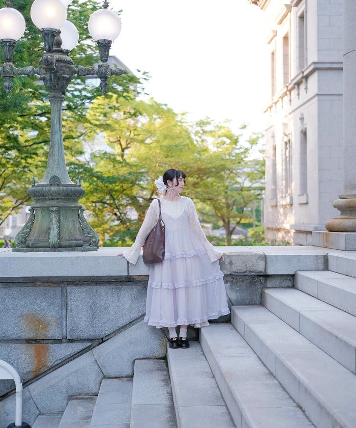 キャミワンピース ロングワンピース リボン ラベンダー/ライトグリーン/M