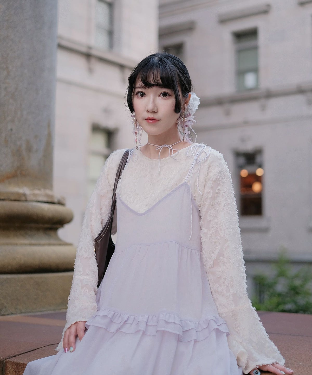 キャミワンピース ロングワンピース リボン ラベンダー/ライトグリーン/M