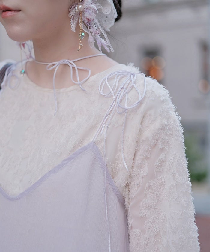 キャミワンピース ロングワンピース リボン ラベンダー/ライトグリーン/M