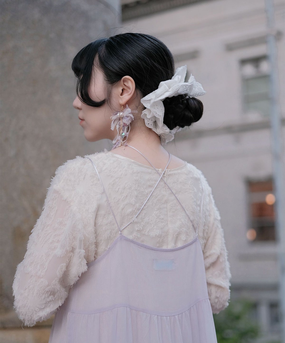 キャミワンピース ロングワンピース リボン ラベンダー/ライトグリーン/M