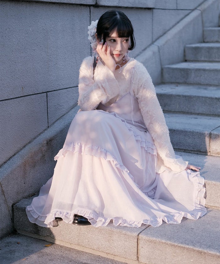 キャミワンピース ロングワンピース リボン ラベンダー/ライトグリーン/M