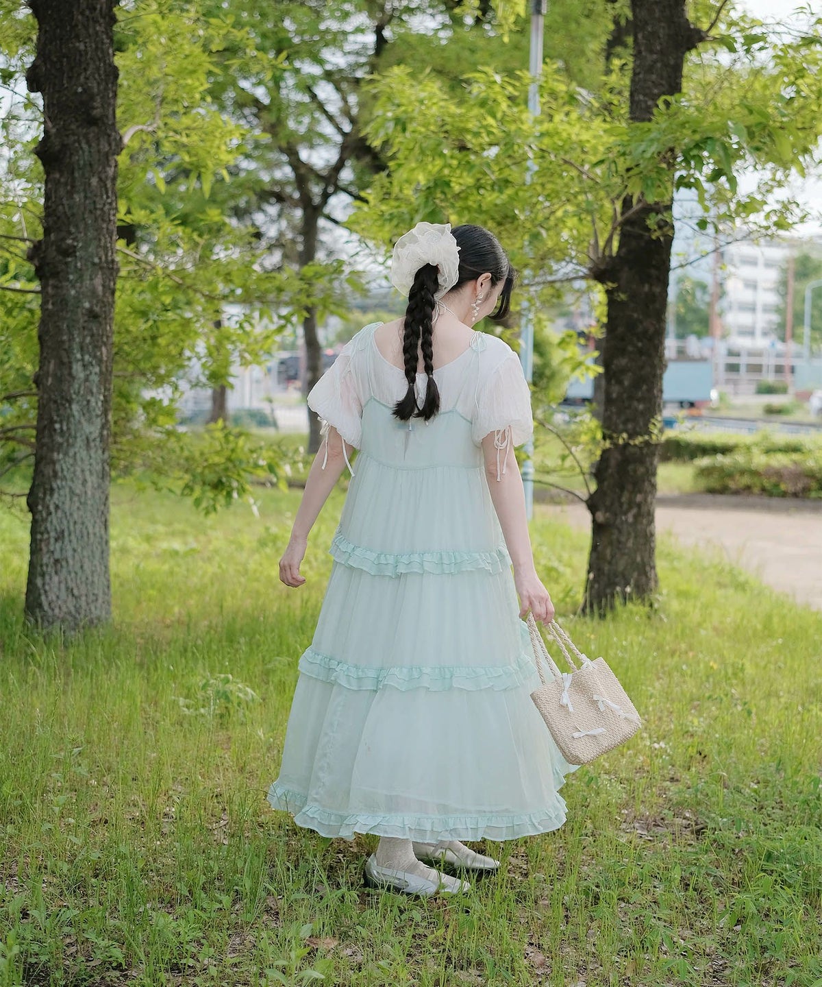 キャミワンピース ロングワンピース リボン ラベンダー/ライトグリーン/M