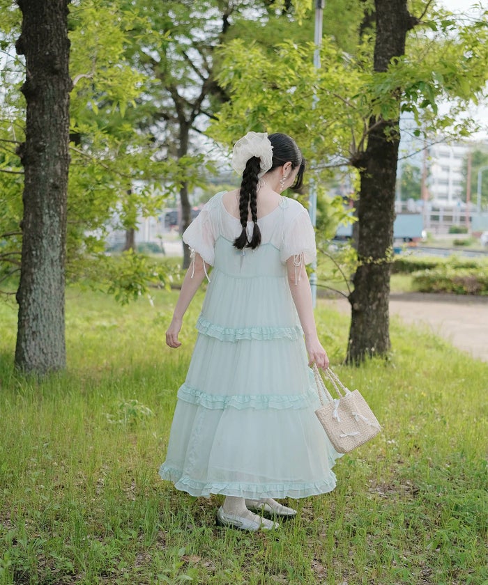 キャミワンピース ロングワンピース リボン ラベンダー/ライトグリーン/M