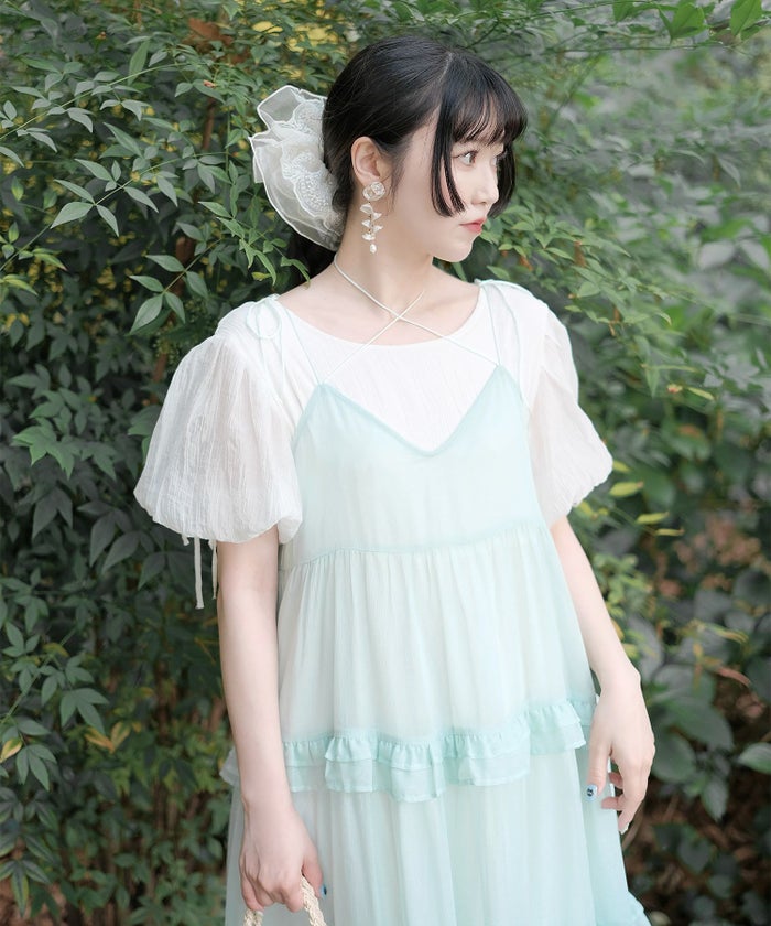 キャミワンピース ロングワンピース リボン ラベンダー/ライトグリーン/M