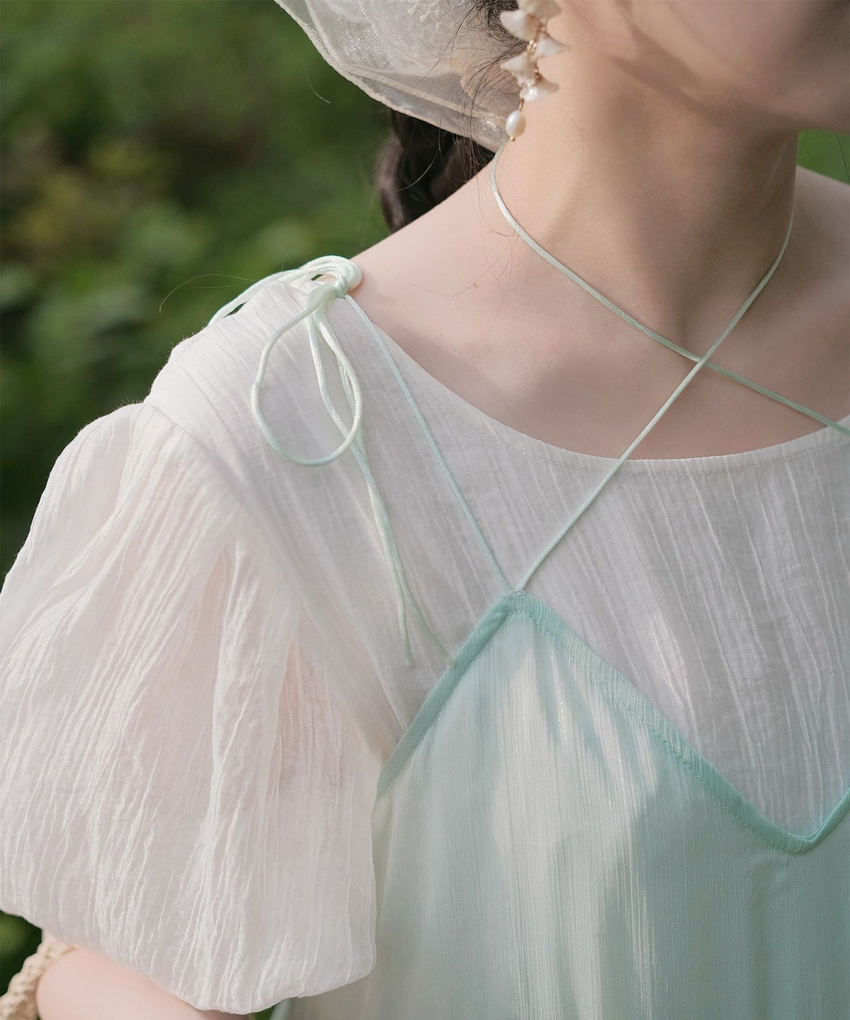 キャミワンピース ロングワンピース リボン ラベンダー/ライトグリーン/M