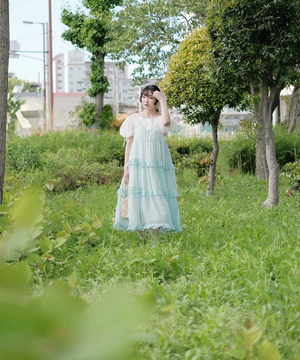 キャミワンピース ロングワンピース リボン ラベンダー/ライトグリーン/M