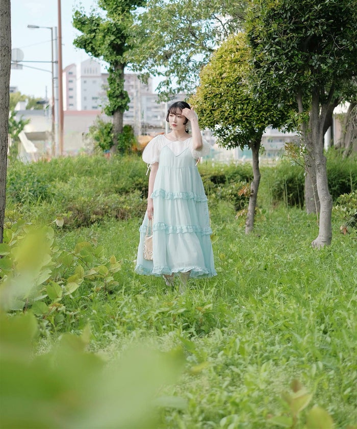 キャミワンピース ロングワンピース リボン ラベンダー/ライトグリーン/M