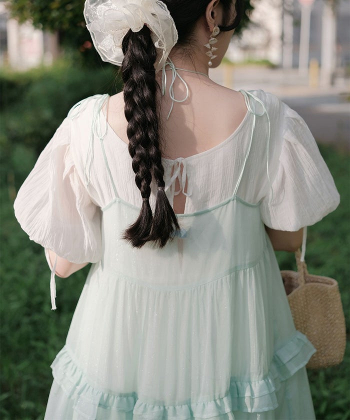 キャミワンピース ロングワンピース リボン ラベンダー/ライトグリーン/M