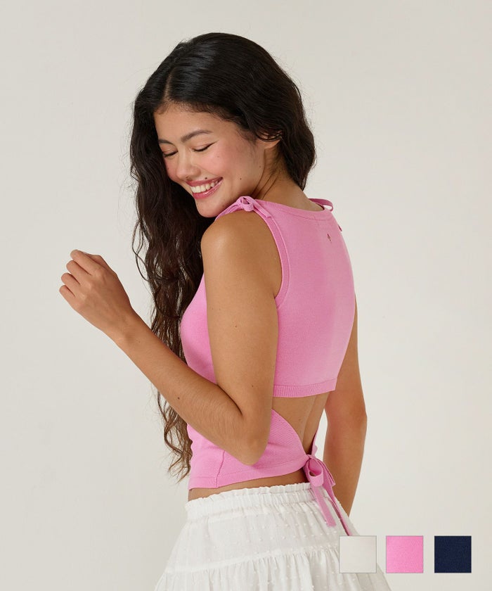 タンクトップ/リボン/トップス/バックオープン/ノースリーブ/ピンク