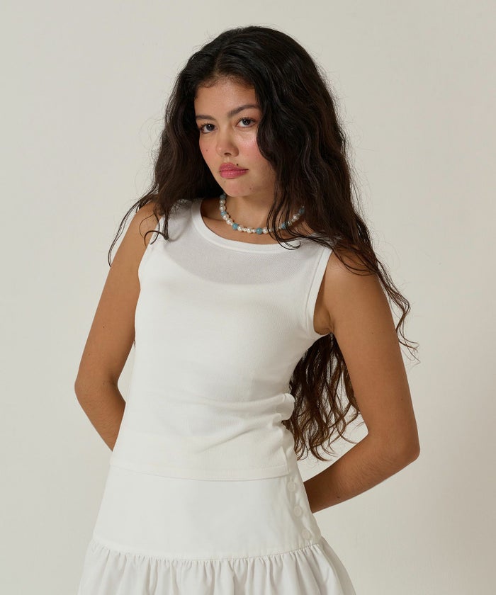 タンクトップ/リボン/トップス/バックオープン/ノースリーブ/ホワイト