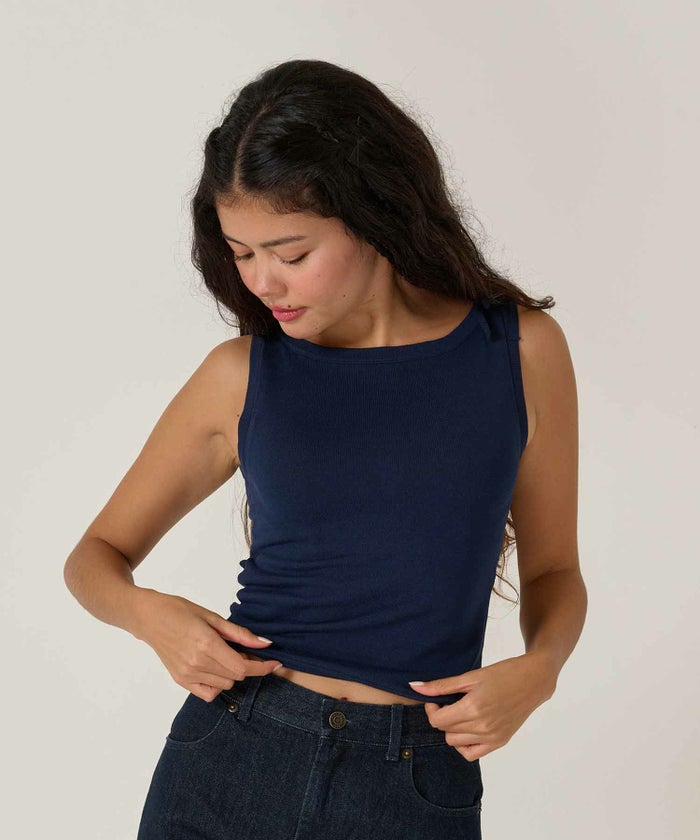 タンクトップ/リボン/トップス/バックオープン/ノースリーブ/ネイビー