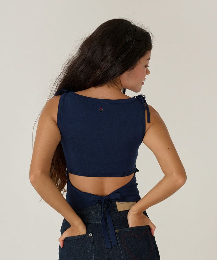 タンクトップ/リボン/トップス/バックオープン/ノースリーブ/ネイビー