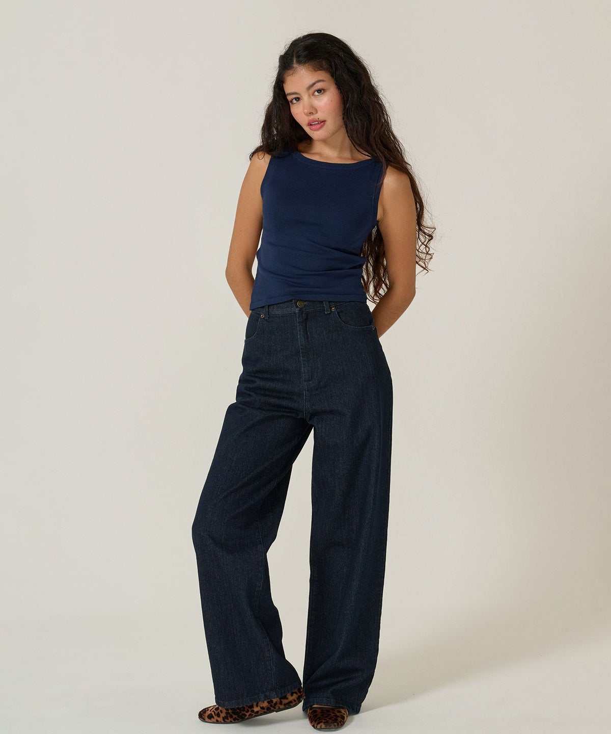 タンクトップ/リボン/トップス/バックオープン/ノースリーブ/ネイビー