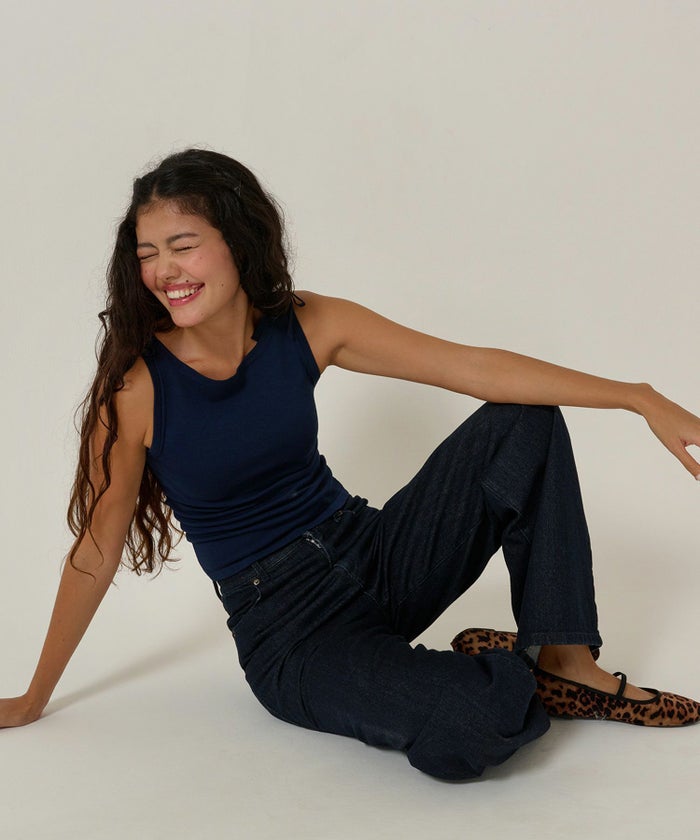 タンクトップ/リボン/トップス/バックオープン/ノースリーブ/ネイビー