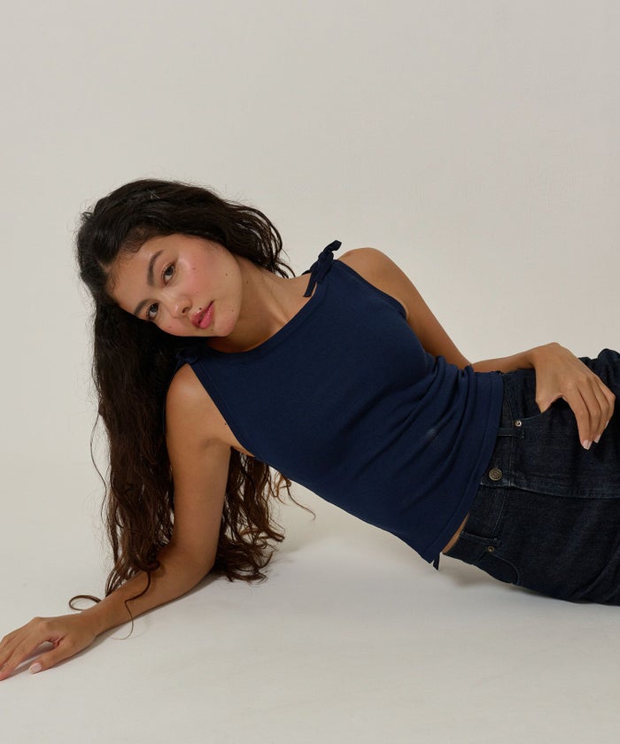 タンクトップ/リボン/トップス/バックオープン/ノースリーブ/ネイビー