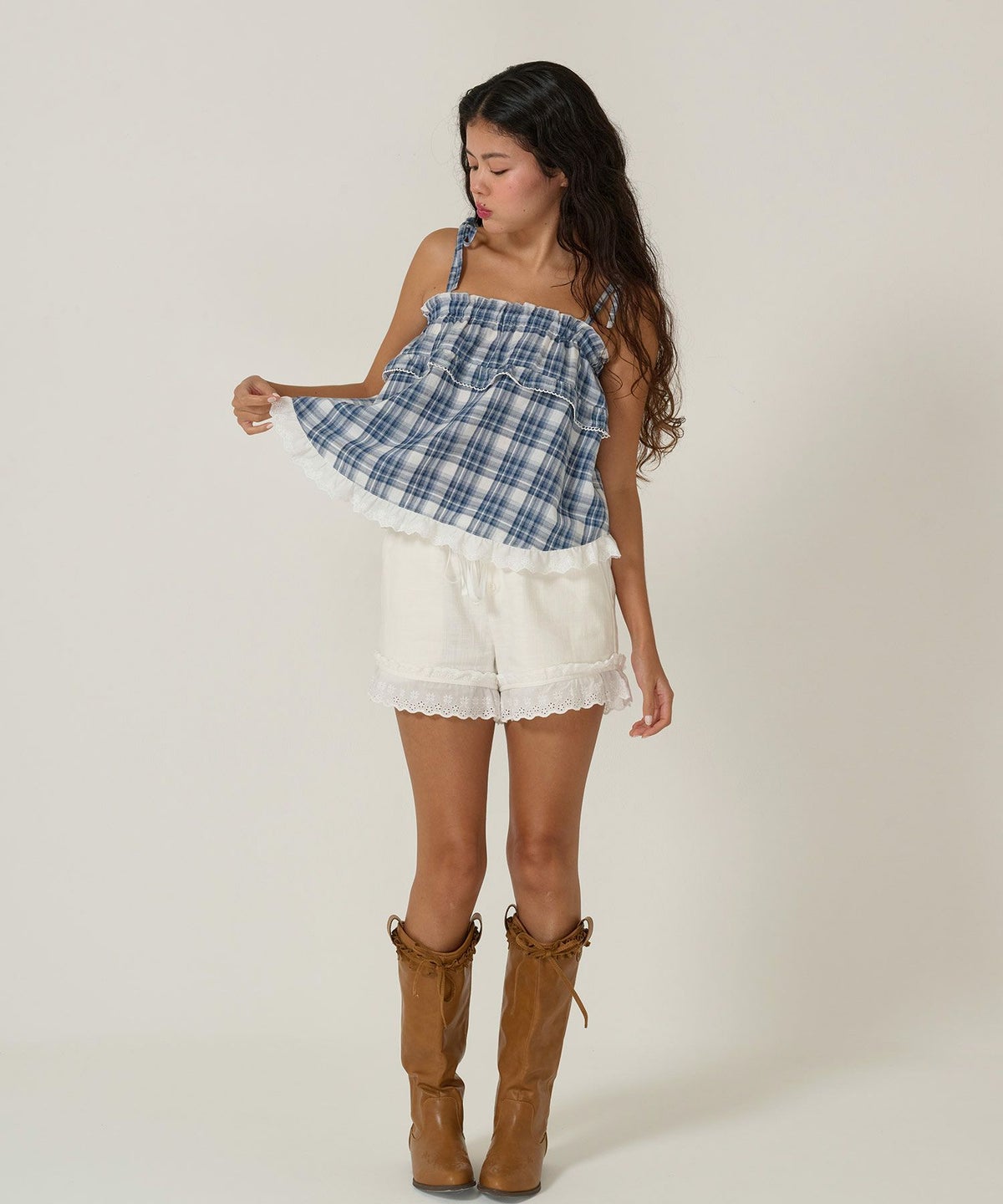 トップス/チュニック/キャミソール/チェック/ブルー