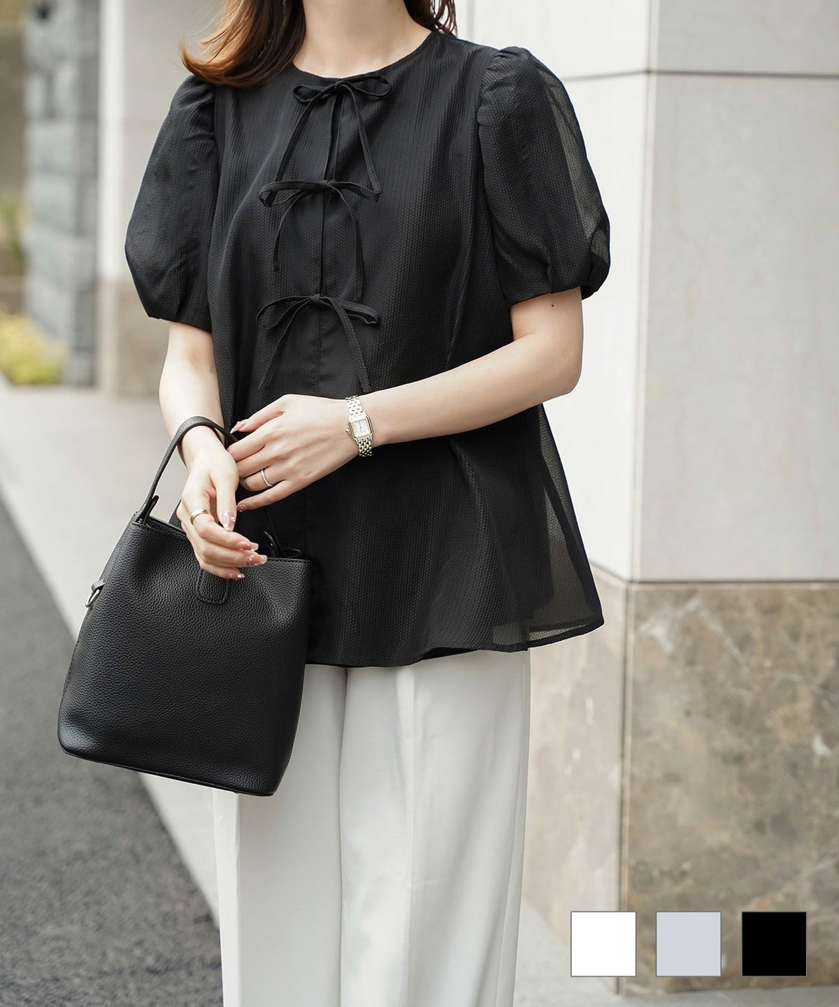 レディース トップス  ブラウス リボン ジャガード 半袖 きれいめ 上品 洗える ホワイト サックス ブラック M フロントリボン ジャガード ブラウス HUIT