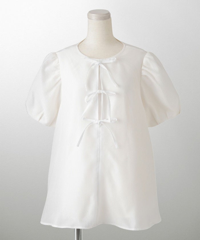 レディース トップス  ブラウス リボン ジャガード 半袖 きれいめ 上品 洗える ホワイト サックス ブラック M