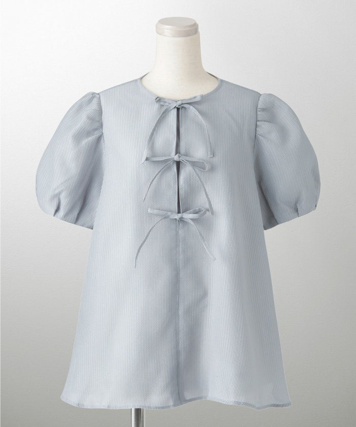 レディース トップス  ブラウス リボン ジャガード 半袖 きれいめ 上品 洗える ホワイト サックス ブラック M