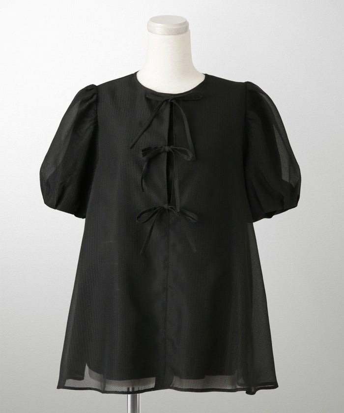 レディース トップス  ブラウス リボン ジャガード 半袖 きれいめ 上品 洗える ホワイト サックス ブラック M