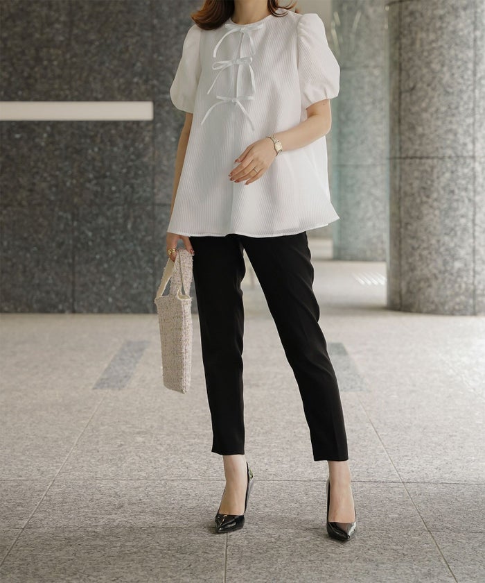 レディース トップス  ブラウス リボン ジャガード 半袖 きれいめ 上品 洗える ホワイト サックス ブラック M