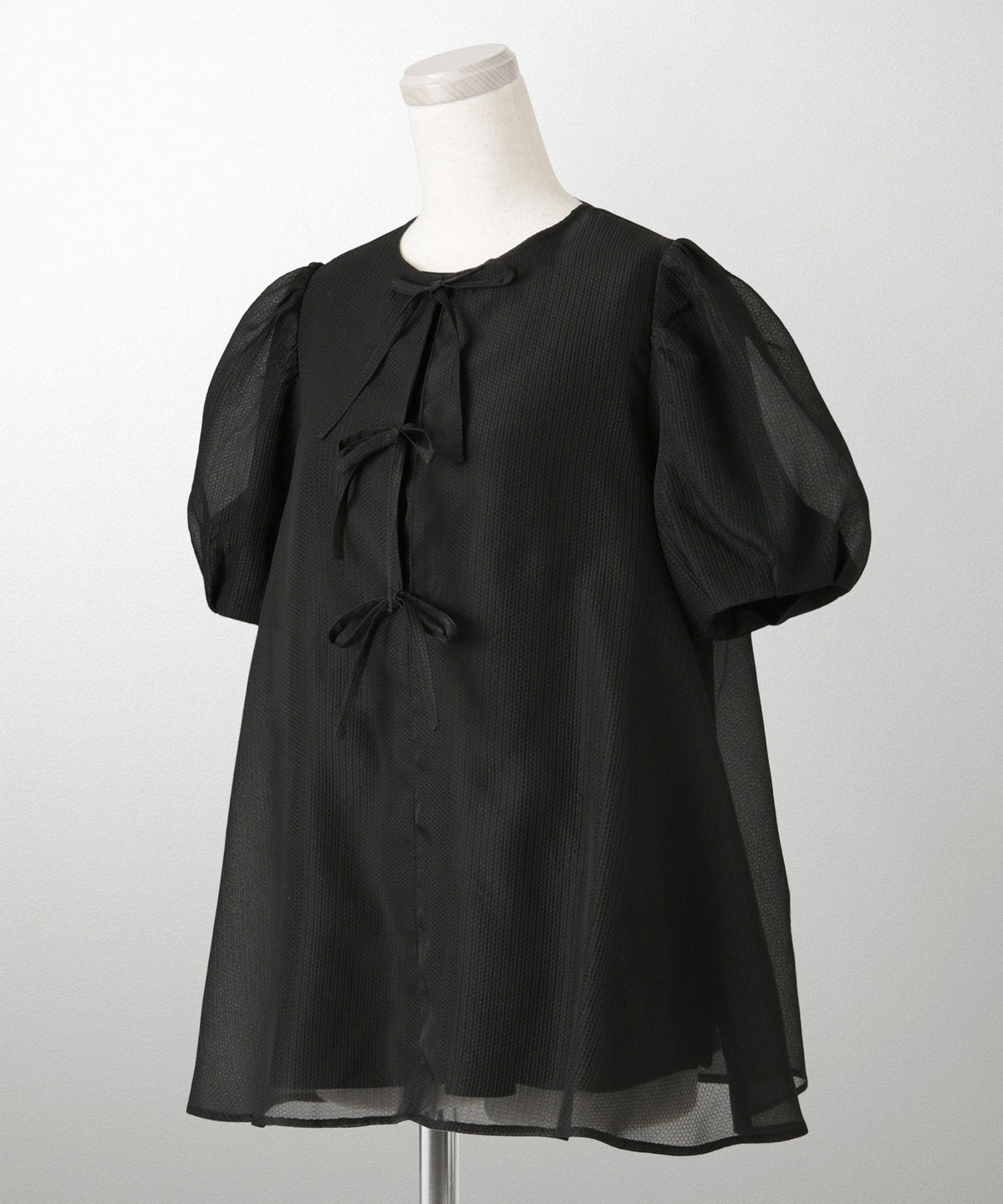 レディース トップス  ブラウス リボン ジャガード 半袖 きれいめ 上品 洗える ホワイト サックス ブラック M