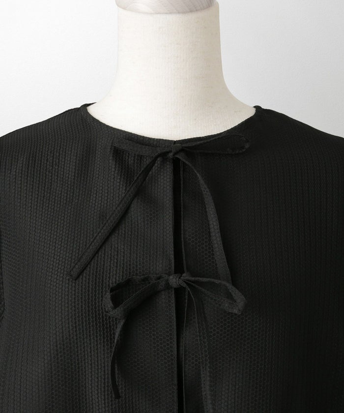 レディース トップス  ブラウス リボン ジャガード 半袖 きれいめ 上品 洗える ホワイト サックス ブラック M