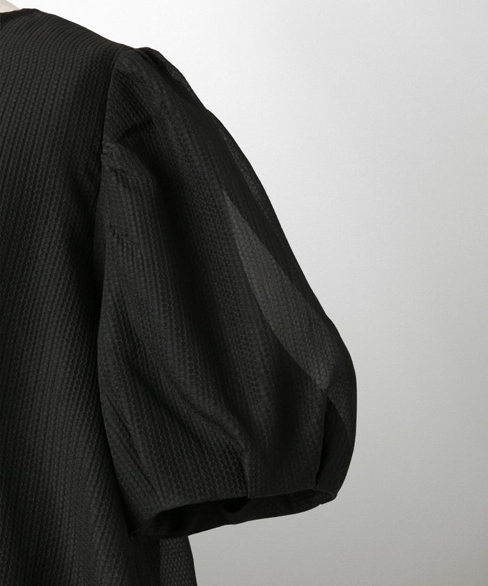 レディース トップス  ブラウス リボン ジャガード 半袖 きれいめ 上品 洗える ホワイト サックス ブラック M