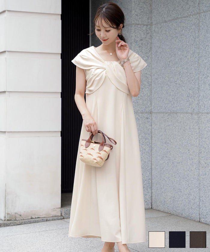 レディース ワンピース ロング丈 リラックス 伸縮 ノースリーブ オフショル風 ツイスト リボン エレガント フェミニン 上品 大人 カジュアル アイボリー ブラック ブラウン リボン オフショル風 ウォッシャブル ワンピース le reve vaniller