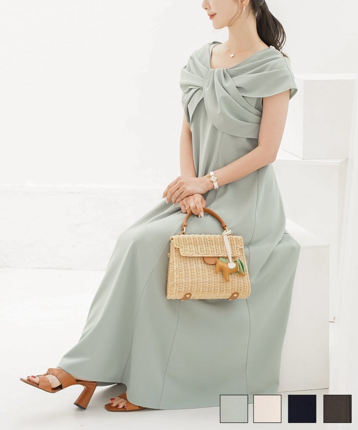 レディース ワンピース ロング丈 リラックス 伸縮 ノースリーブ オフショル風 ツイスト リボン エレガント フェミニン 上品 大人 カジュアル アイボリー ブラック ブラウン リボン オフショル風 ウォッシャブル ワンピース le reve vaniller