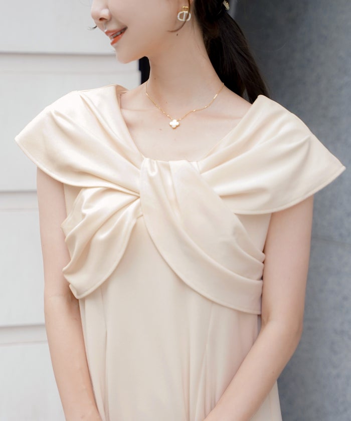 レディースワンピースロング丈リラックス伸縮ノースリーブオフショル風ツイストリボンエレガントフェミニン上品大人カジュアルアイボリーブラックブラウン