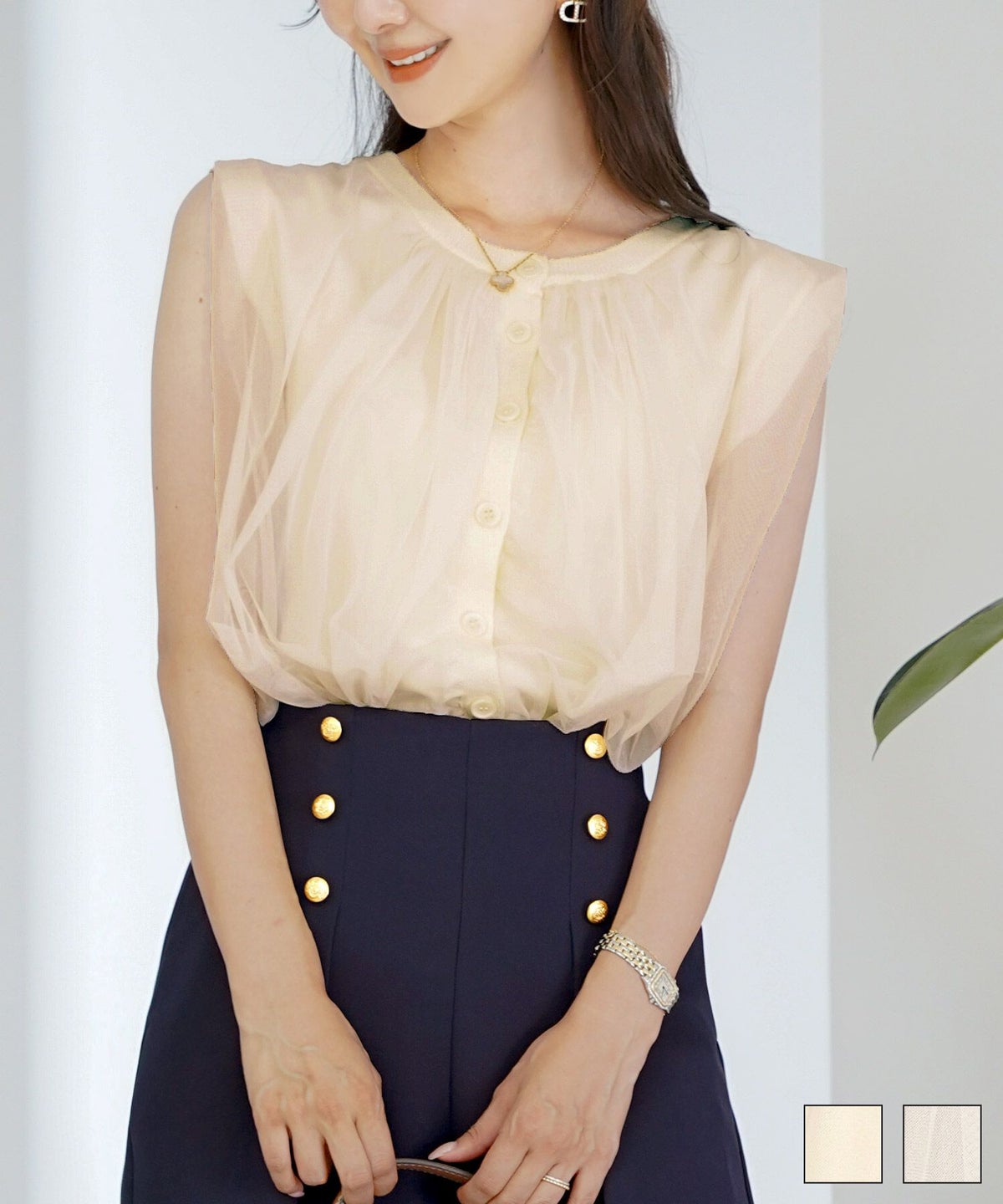 レディース ファッション セレクト エレガント シンプル ノースリーブ ニット トップス 前後2WAY 2WAY レイヤード チュール ボリューム 体型カバー 上品 カジュアル ルーズ 2WAY チュール ニット トップス le reve vaniller