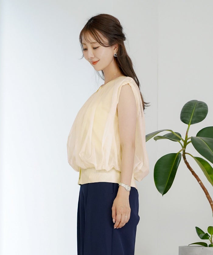 レディースファッションセレクトエレガントシンプルノースリーブニットトップス前後2WAY2WAYレイヤードチュールボリューム体型カバー上品カジュアルルーズ