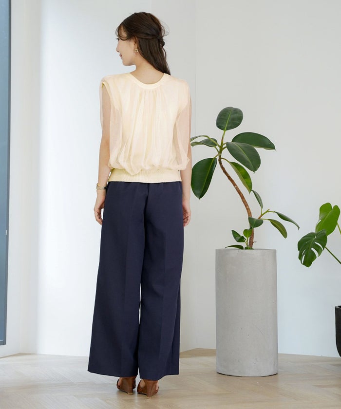 レディースファッションセレクトエレガントシンプルノースリーブニットトップス前後2WAY2WAYレイヤードチュールボリューム体型カバー上品カジュアルルーズ