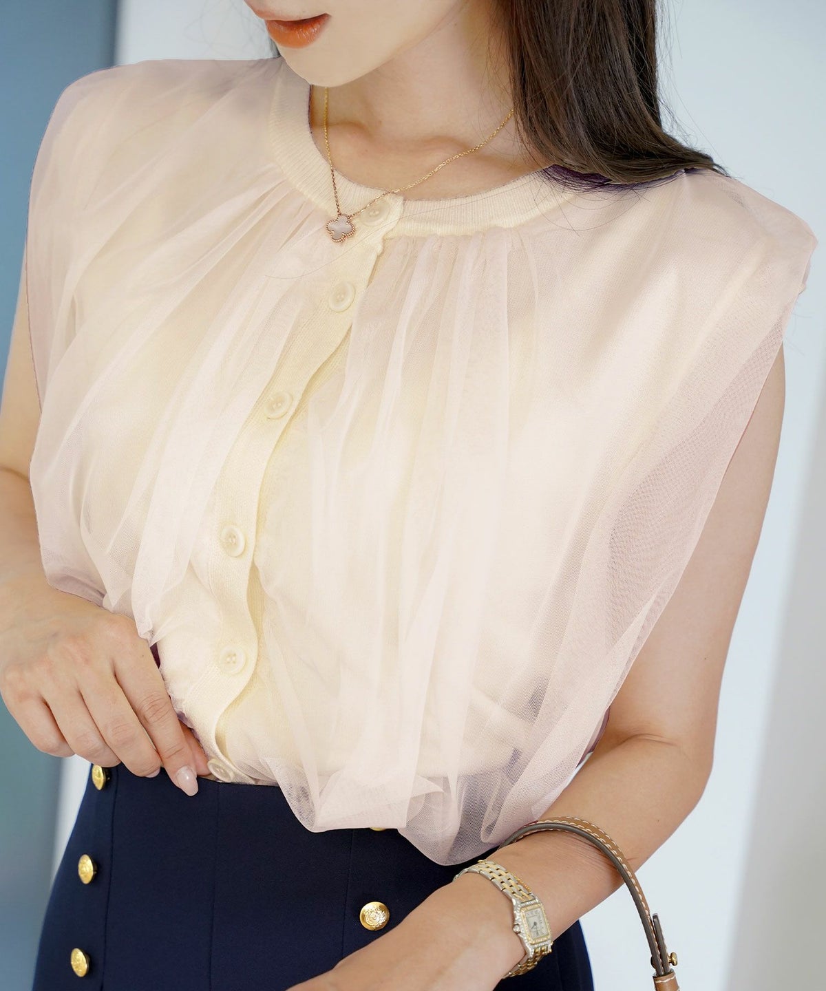 レディースファッションセレクトエレガントシンプルノースリーブニットトップス前後2WAY2WAYレイヤードチュールボリューム体型カバー上品カジュアルルーズ