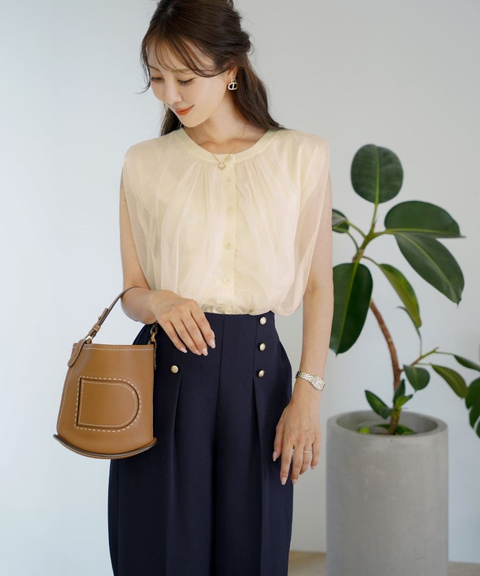 レディースファッションセレクトエレガントシンプルノースリーブニットトップス前後2WAY2WAYレイヤードチュールボリューム体型カバー上品カジュアルルーズ