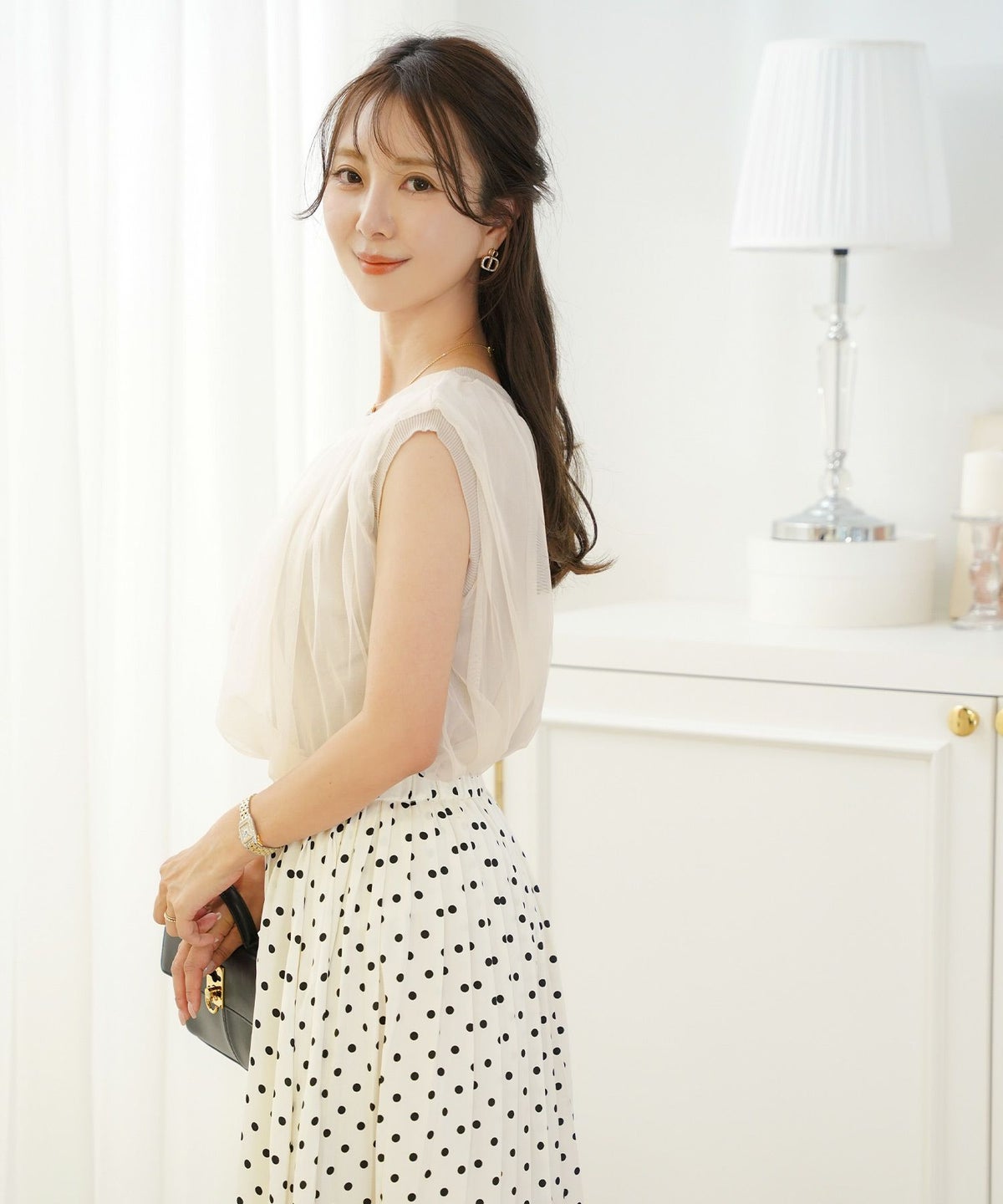 レディースファッションセレクトエレガントシンプルノースリーブニットトップス前後2WAY2WAYレイヤードチュールボリューム体型カバー上品カジュアルルーズ