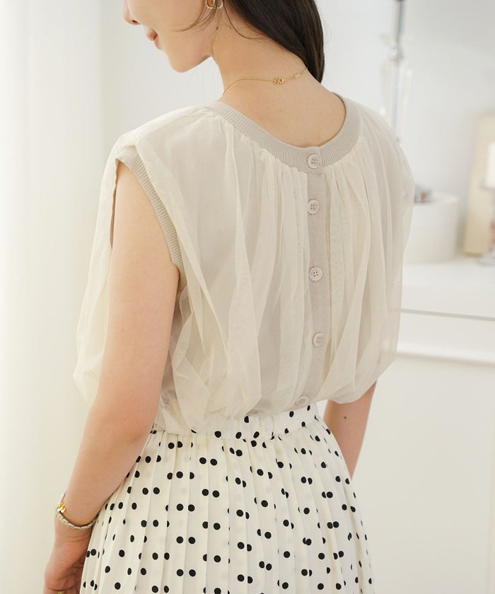 レディースファッションセレクトエレガントシンプルノースリーブニットトップス前後2WAY2WAYレイヤードチュールボリューム体型カバー上品カジュアルルーズ