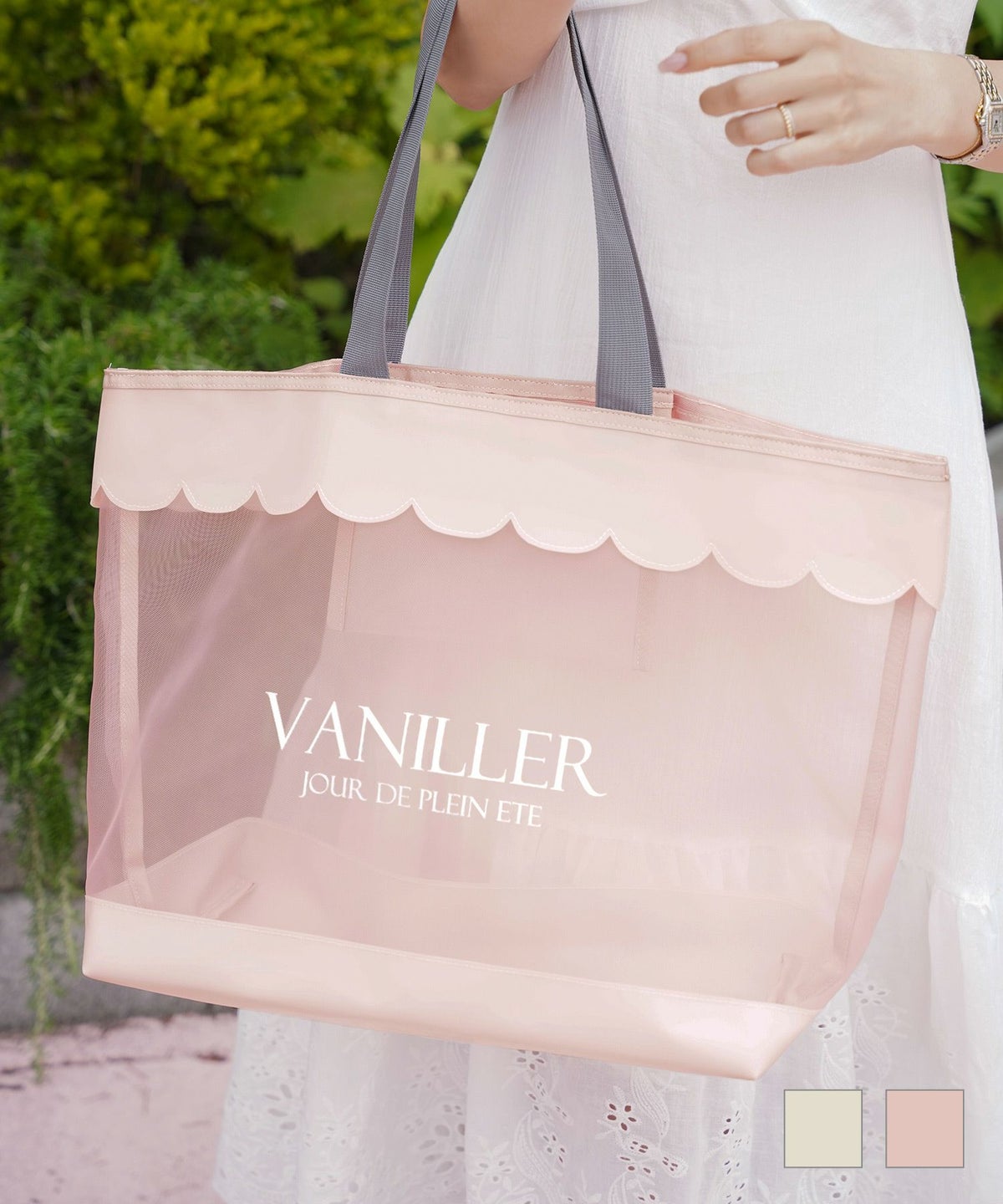 スカラップメッシュラージトートバッグlerevevanillerオフホワイト/ピンク