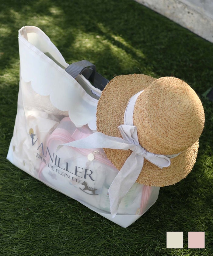 レディース ファッション エレガント フェミニン メッシュバッグ トートバッグ スカラップ ロゴ プリント オリジナル かわいい オフホワイト ピンク  軽量 大容量 透け PVC スカラップ メッシュ ラージ トートバッグ le reve vaniller