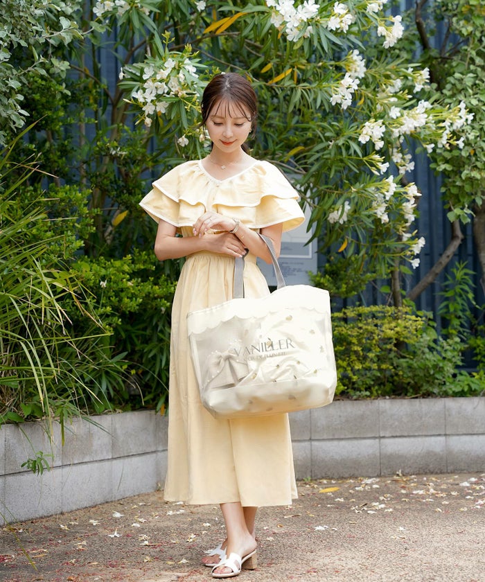 レディースファッションエレガントフェミニンメッシュバッグトートバッグスカラップロゴプリントオリジナルかわいいオフホワイトピンク軽量大容量透けPVC