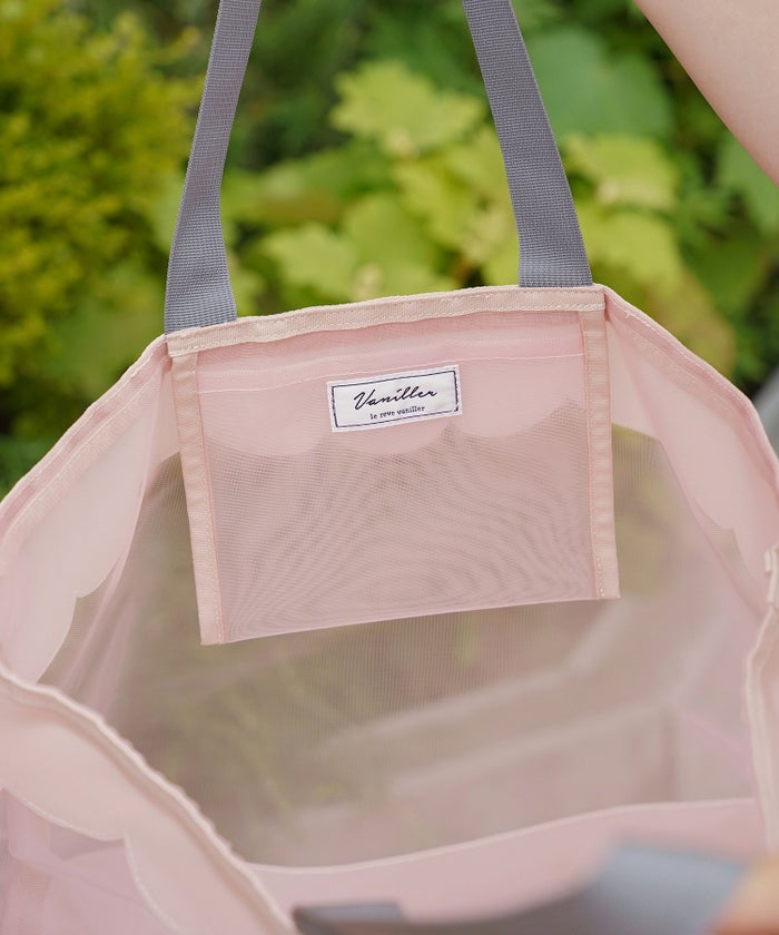 レディースファッションエレガントフェミニンメッシュバッグトートバッグスカラップロゴプリントオリジナルかわいいオフホワイトピンク軽量大容量透けPVC