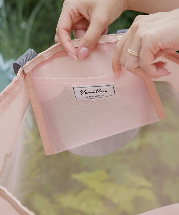 レディースファッションエレガントフェミニンメッシュバッグトートバッグスカラップロゴプリントオリジナルかわいいオフホワイトピンク軽量大容量透けPVC