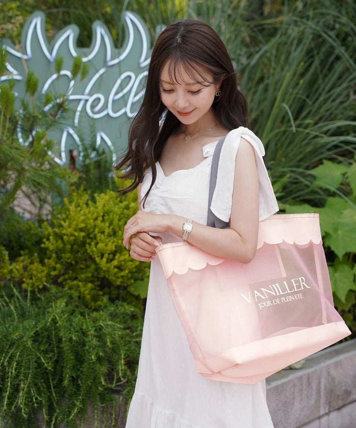 レディースファッションエレガントフェミニンメッシュバッグトートバッグスカラップロゴプリントオリジナルかわいいオフホワイトピンク軽量大容量透けPVC