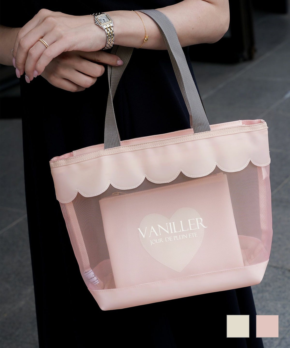 スカラップメッシュトートバッグlerevevanillerオフホワイト/ピンク